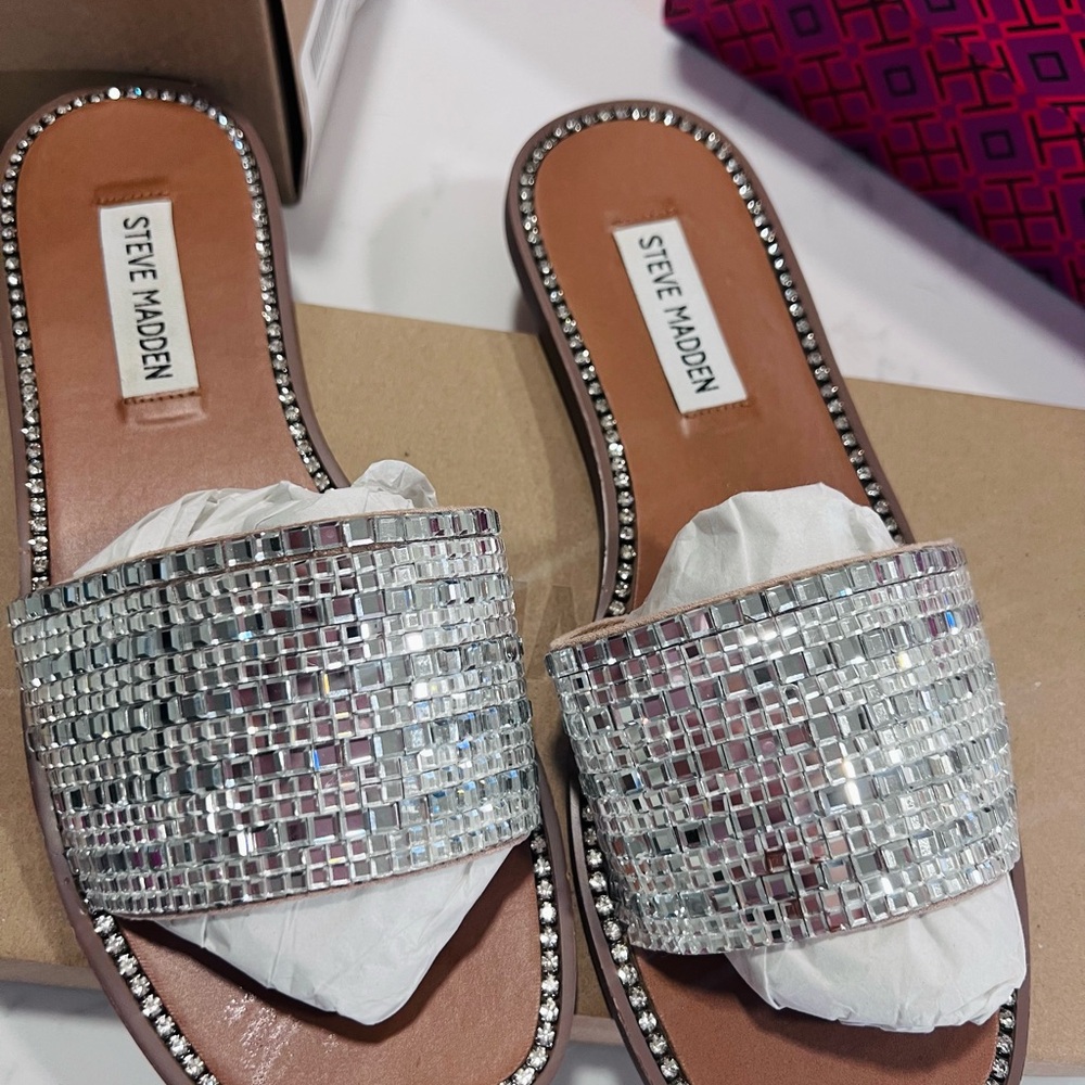 Steve Madden Silver Slide Sandals with Braided Strap